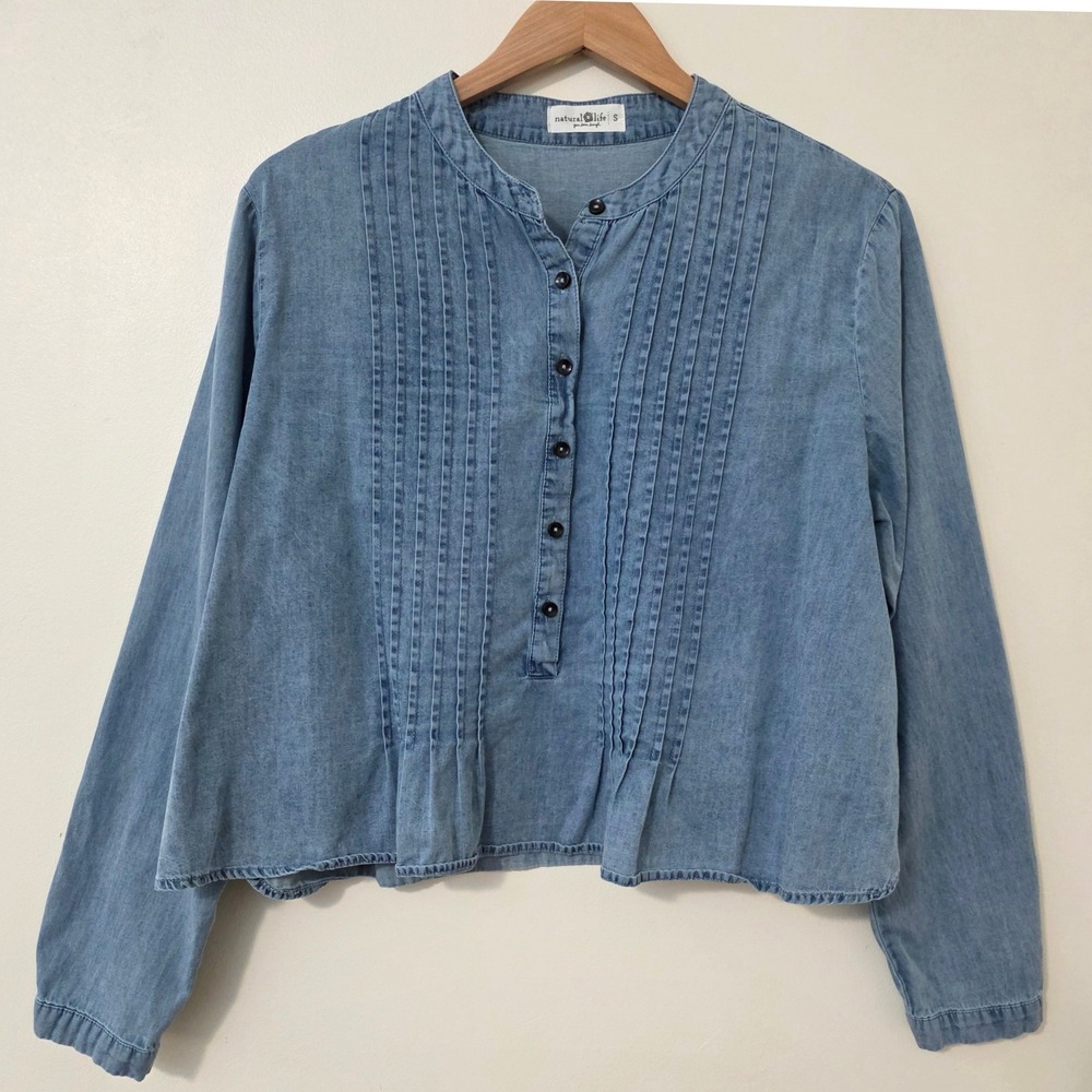 Natural Life Long Sleeve Chambray Cropped Top Sz S Pintuck Boxy Oversized Boho